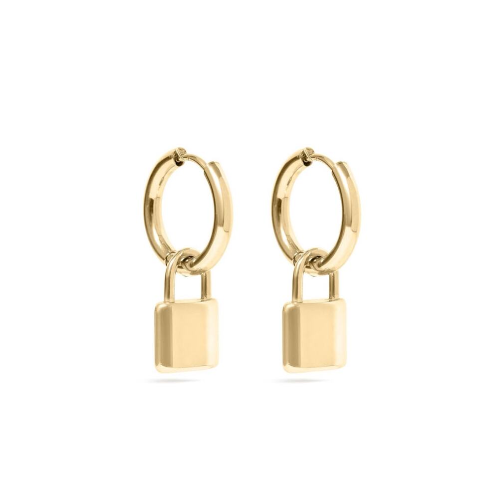 Lock Earrings Gold Plated Stainless Steel Padlock Pendant Hoop gold